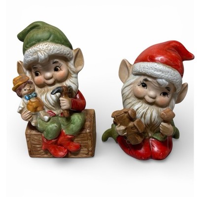 Vintage HOMCO Christmas Elves Figurines Set 2 Ceramic Toy Maker Pixie 5406 MCM