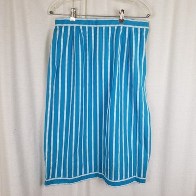 Vintage Adele Simpson NY Designer Blue White Striped Cotton Midi Skirt Womens L