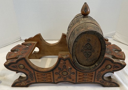 Vintage Carved Wood Whiskey Double Barrel Decanter Dispenser on Ornate Stand