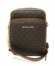 Michael Kors Medium Flight Bag Crossbody Leather Handbag Brown Signature Gold