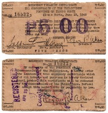 PHILIPPINES WW2 1942 ILOCOS NORTE 5 Pesos S297 Treasury Note 7th Series w/Typo