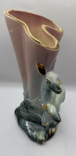 11" Vintage Hull USA Pottery Twin Deer Pink Vase Planter #62 Gold Accents - Picture 3 of 7