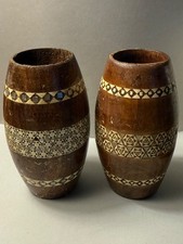 Turned Wooden Vase w/Mosaic Marquetry Inlay Accents Pencil/Dice Cup - Lot of 2