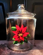 Anchor Hocking Clear Glass Round Cookie Jar Poinsettia Holiday Decor 10" height