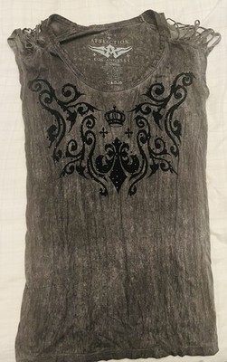 Rare Y2K Affliction Women s Medium Rhinestone Angel Wing Lace Shoulder Top Gray