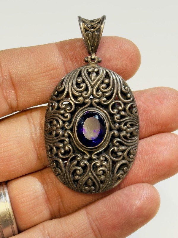 Bali Amethyst Gemstone Ornate Sterling Silver 925 Pendant 