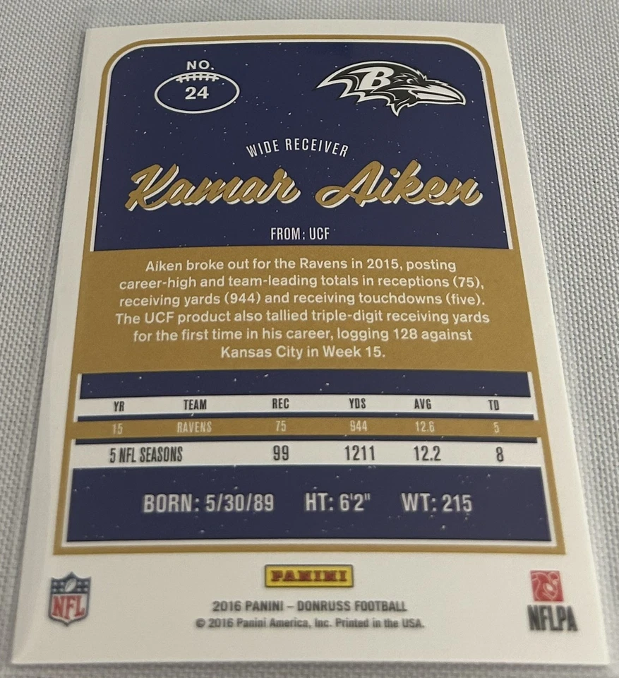 2016 Panini Donruss Football Kamar Aiken Baltimore Ravens base card #24 - Image 2 of 2