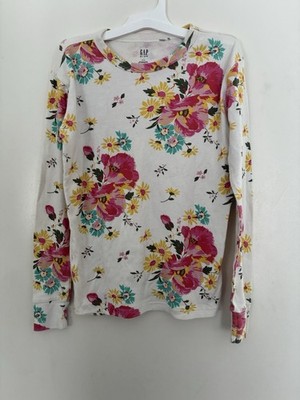 Gap Kids Girls Colorful Floral Print 100% Cotton Long Sleeve PJ Top White Sz 12