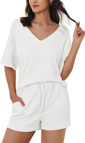 2 Pcs Womens Lounge Set V-Neck Pajama Sets Oversized Summer Outfits with Pockets - Picture 39 of 74
