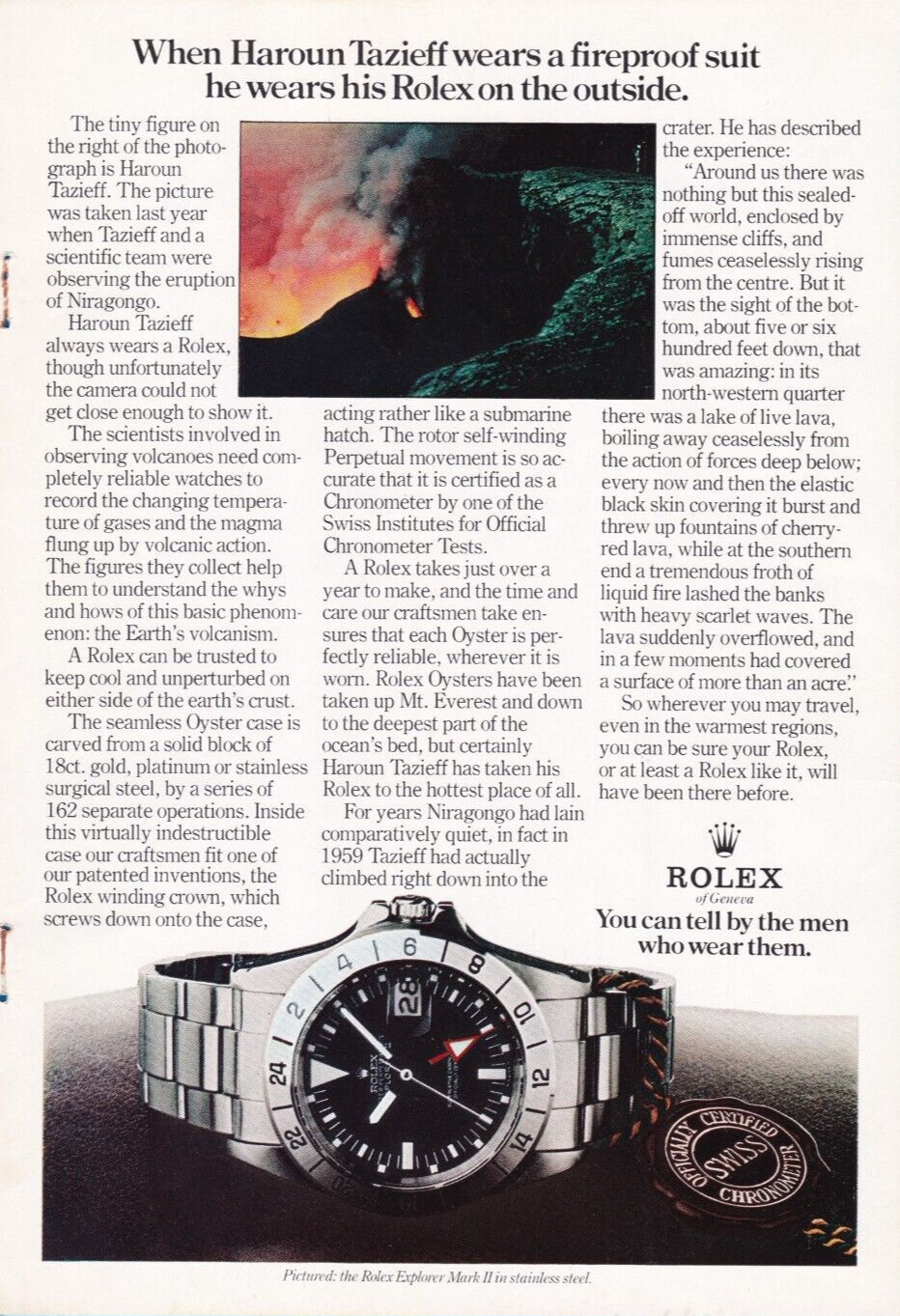 ROLEX Explorer Haroun Tazieff 1974 Vintage Print Ad