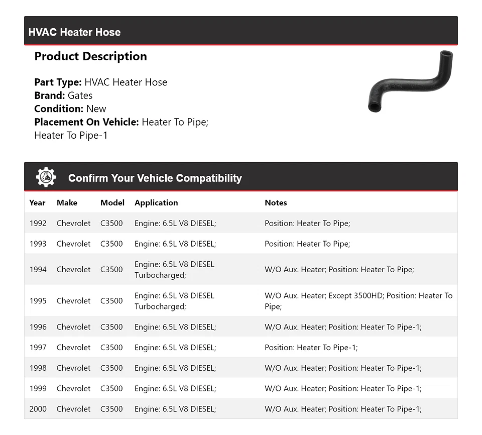 For 1992-2000 Chevrolet C3500 HVAC Heater Hose Gates 1993 1994 1995 1996 1997 - Image 2 of 4
