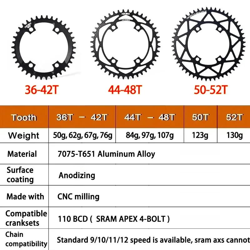 110BCD Chainring for Road Bike Chainrings 36-52T Narrow Wide Tooth Chainwheel - Image 3 of 4