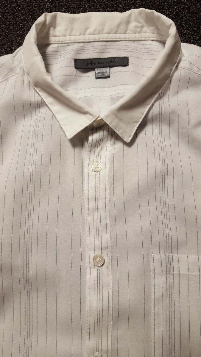 JOHN VARVATOS Men's White-Black Striped Ctn Btn Front LS