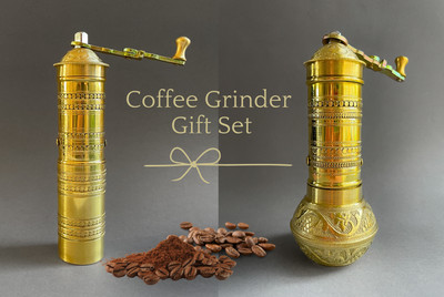 Handmade Turkish Coffee Grinder Gift Set - Exquisite Brass Mill with Engravings