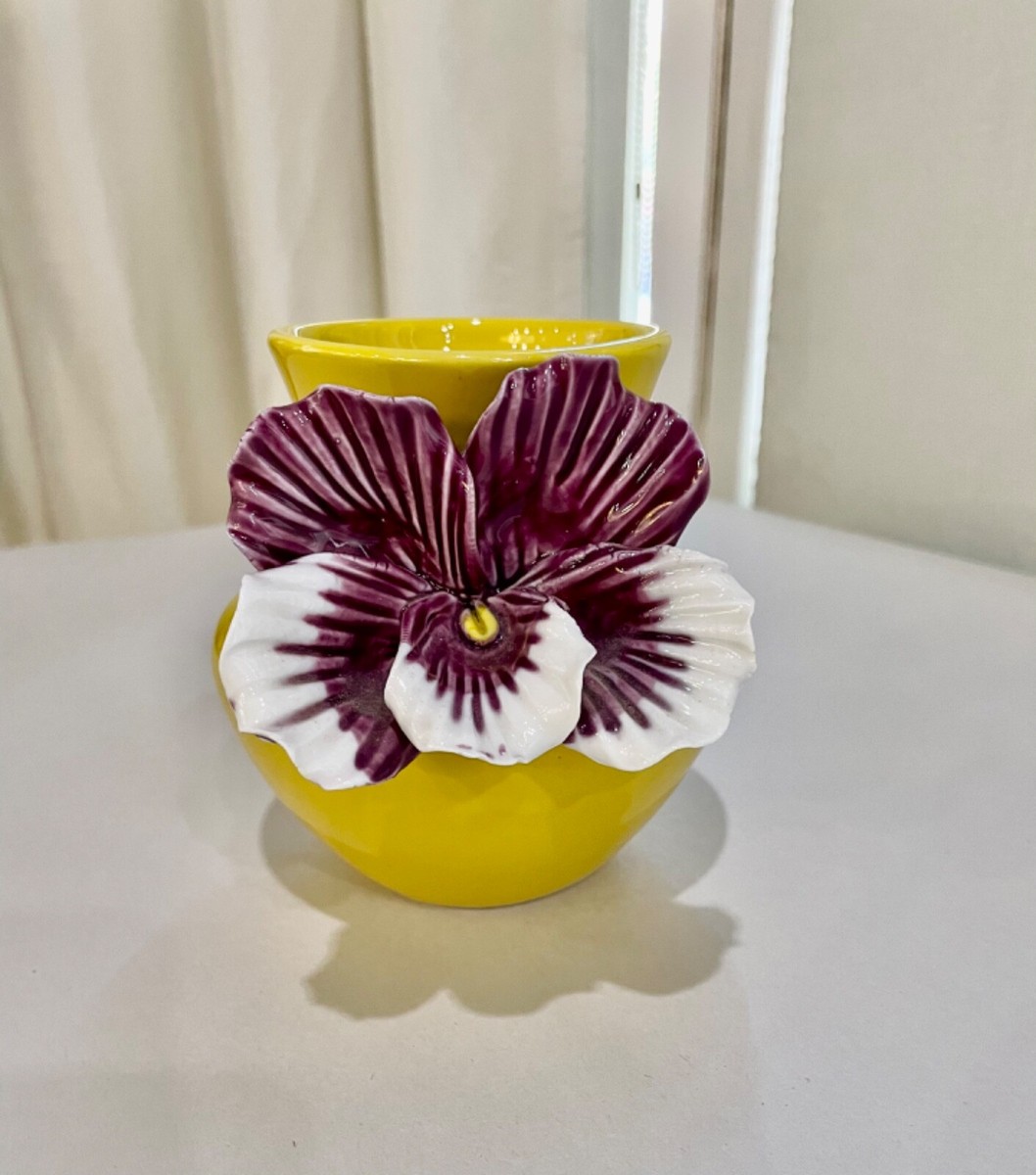 Bright Yellow Vase with Applied Purple Pansy Flower