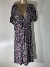 Womens M&S Marks&spencer Uk 14 Black Mix Floral Faux Wrap Stretch Casual Dress