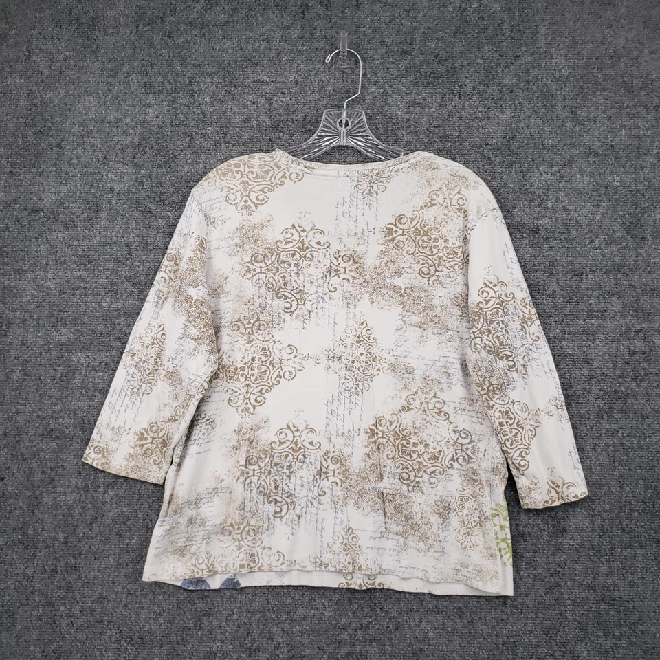 Camiseta Nicole Miller Mujer XL Blanca Manga 3/4 Cuello en V Cuentas Y2K Floral Foto 2 de 4