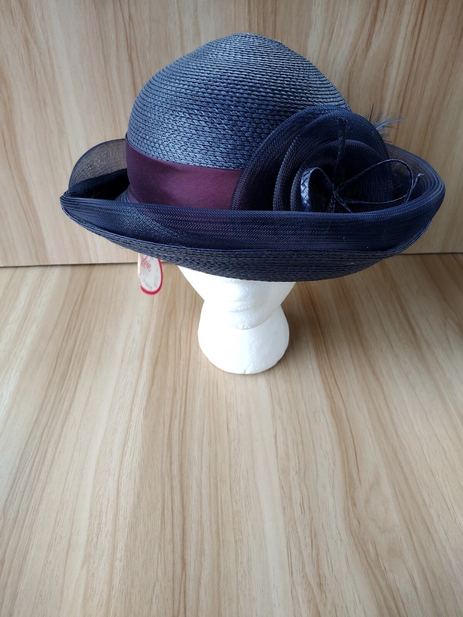 Vintage Navy Blue Straw Bowler Derby Hat Rolled Brim Vintage Straw Breton Hat, Women Bowler Hat, 1980s Hat  main image 4