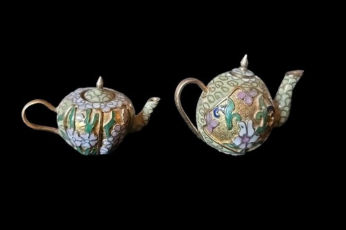 2 Miniature Cloisonne and Enamel Teapots Multicolored Floral Kettle, G