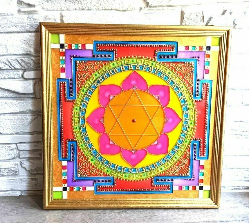 AONA Kuber Yantra Wandbild – Religiöses Bild Im Goldrahmen, 26,7x26,7 Cm, Für Wohnzimmer & Schutz