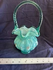 Turquoise Pink White Hand Painted Glass Decorative Basket with Handle Floral Gl…