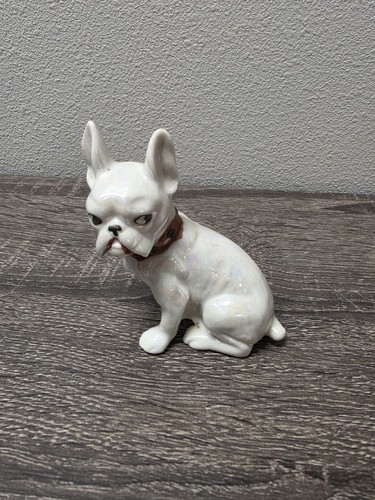 Vintage Lusterware French Frenchie White Bulldog Figurine Japan