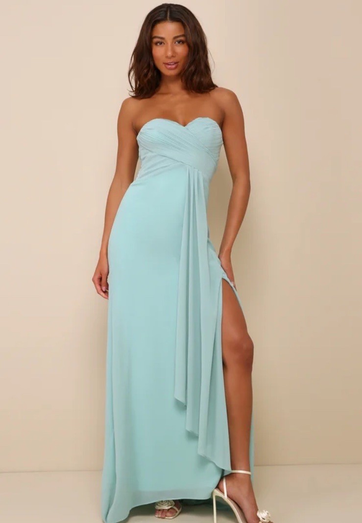 Lulu’s Splendid Aura Sage Green Chiffon Pleated Strapless Maxi Dress Size L