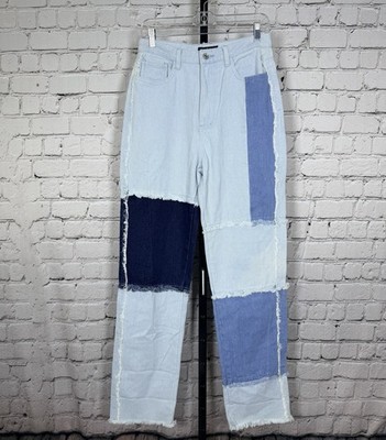 Momokrom Frayed Patchwork High Rise Long Straight Jeans Women's Size 6 UK 10 New