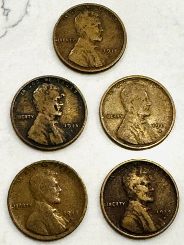 Lot of 5 Wheat Cent 1c 1915-D US Copper VG/F with Free shipping