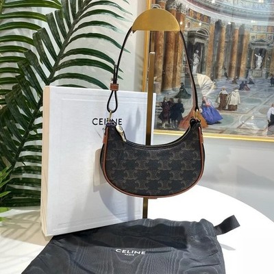 CELINE Mini Ava Triomphe Shoulder Hobo Bag Tan Triomphe Canvas Authentic