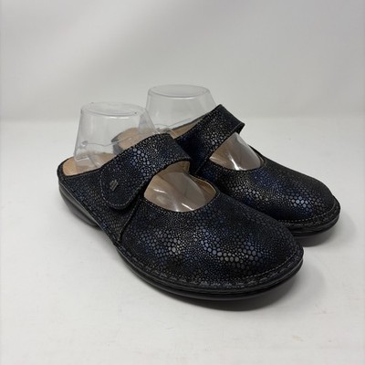 Finn Comfort Mary Jane dark blue metallic Mule Clogs Size EU41 , US 10