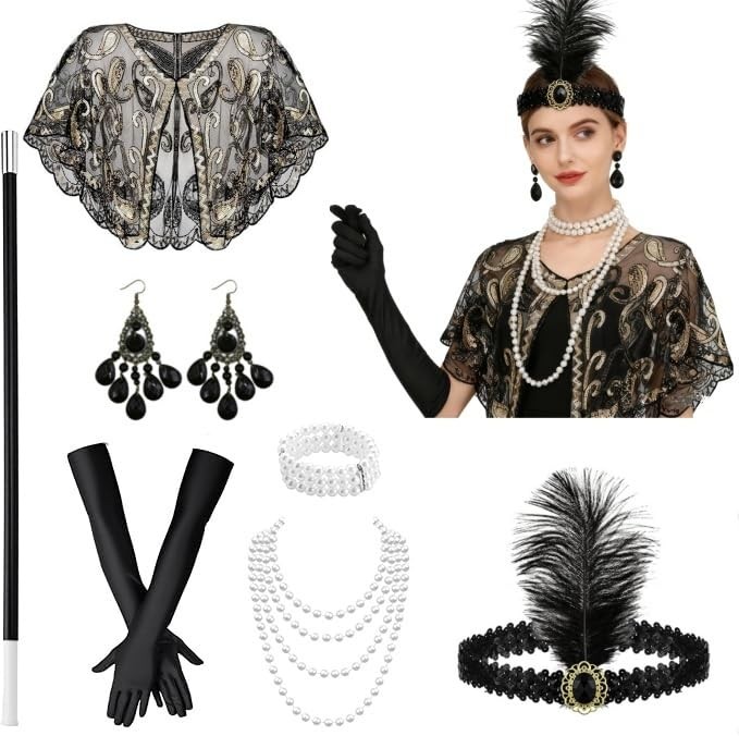 Déguisement Gatsby Année 20 Femme avec Gants et Accessoires Noir - Set de 7 Pièces