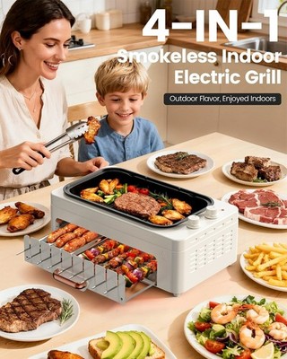 4in1 Indoor Electric Smokeless Grill BBQ with Non-Stick Pan Kabob Skewers hotdog