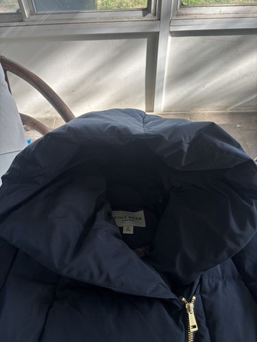 Cole Haan Puffer Jacket Womens Medium Blue Down Feathers Asymmetrical Coat EUC - Picture 4 of 11