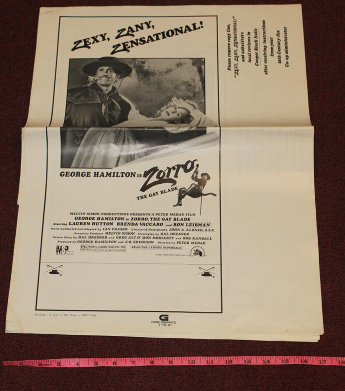 1981 Gore Graphics ZORRO GAY BLADE Extra Large 8 Page Press Kit 17" by 23"