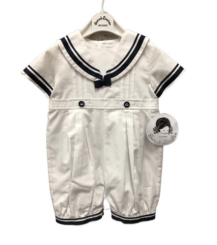Sarah Louise Sailor Romper Matching Hat 6 Months White Navy Boys