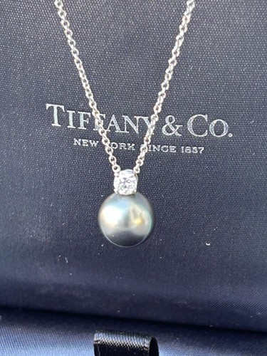 Tiffany & Co 18K White Gold Tahitian Pearl Diamond .17 Carat Necklace, 18 Inches - Picture 11 of 24