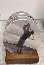 Vintage Golf Coaster Set Of 4 And Stand Cork Backing
