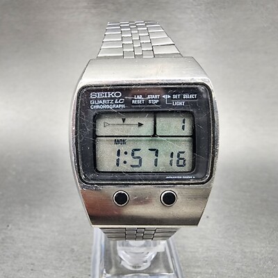 VTG Seiko Digital Watch Men 35mm Silver Tone Chronograph M159-5059