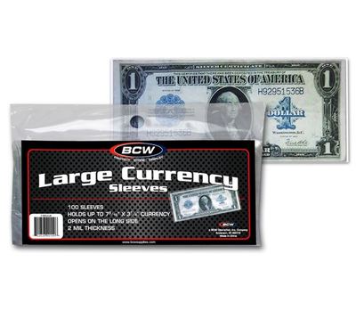 (100) BCW Large Bill Currency Sleeves Fits Large Dollars 2 Mil Polypropylene