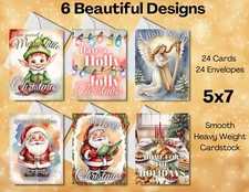 24 Greetings Cards - 6 designs -Christmas Holiday Cards with Envelopes - 5x7 #03