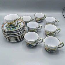 READ Blue Carnation Italian Pottery 8 Cups and 9 Saucers - FREE USA SHIPPING