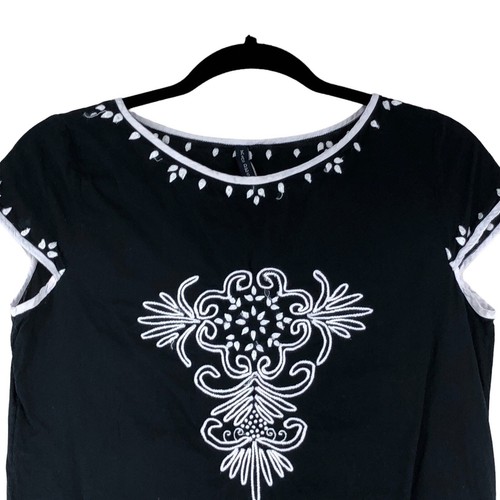 KAS Designs Women Size S Embroidered TunicTop Black White Boho Cap Sleeve Cotton - Picture 2 of 20