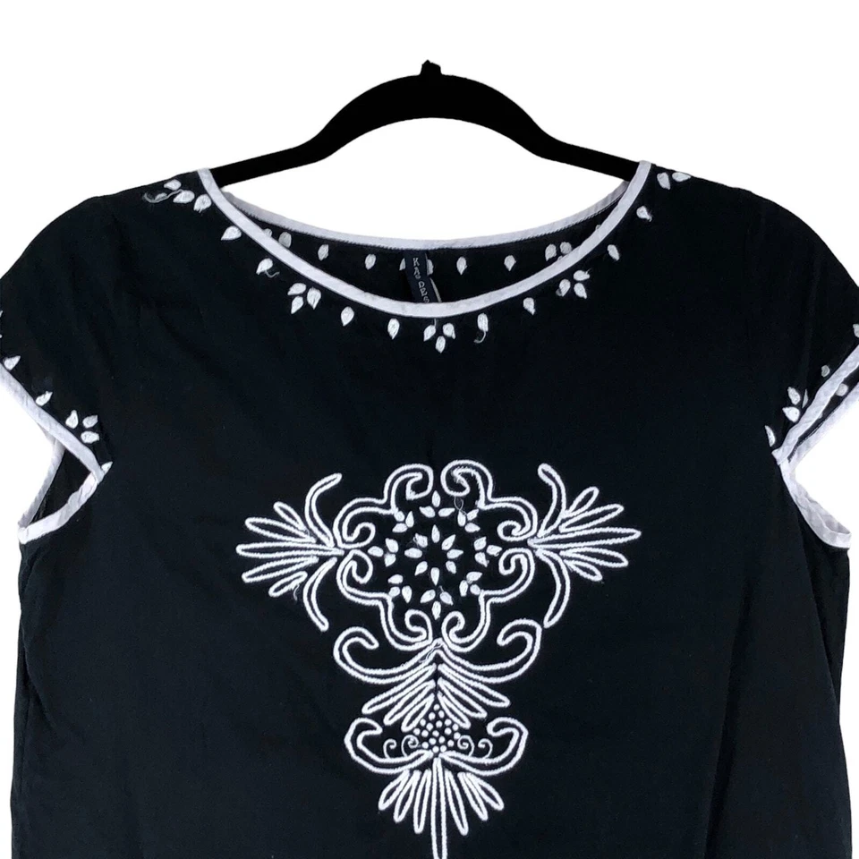 KAS Designs Women Size S Embroidered TunicTop Black White Boho Cap Sleeve Cotton - Image 2 of 4