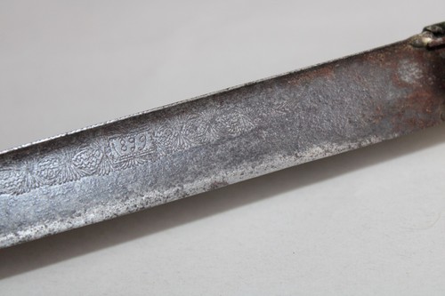 Ancien couteau crétois Grèce acier gravé 1899 feuillage manche os étui cuir vert - Picture 8 of 24