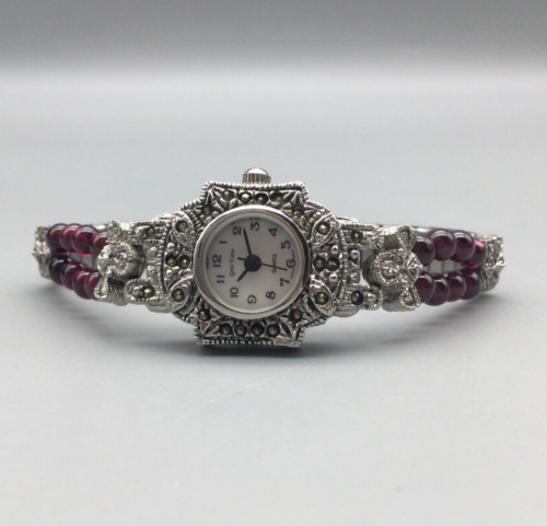 Gem Time Watch Women 19mm Marcasite Ornate Red Beaded Stretch Band New Battery - Picture 7 of 14