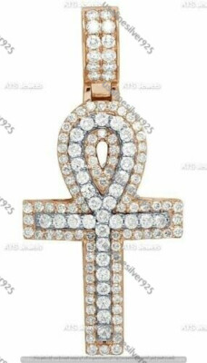 14K Two-Tone Gold Plated 2.50 CT Round Moissanite Egyptian Ankh Cross Pendant 2''
