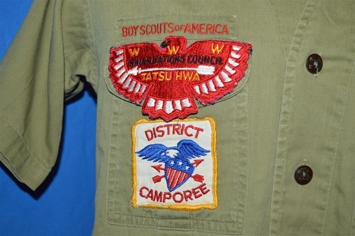 vtg 50s BOY SCOUTS AMERICA UNIFORM OKLAHOMA TROOP 57 PATCHES OLIVE GREE SHIRT S - Picture 3 of 7
