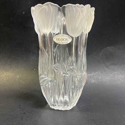 Block 24% Lead Crystal Hand Crafted Clear & Frosted Tulip 8  Vase Poland