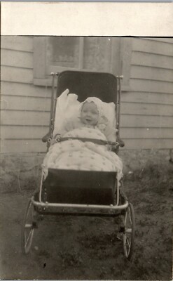Vintage RPPC Photo Postcard Happy Baby in Stroller Miss Vie Early 1900s